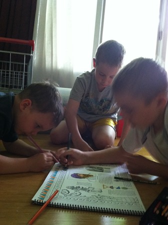 coloring on the floor with Brimwood Press